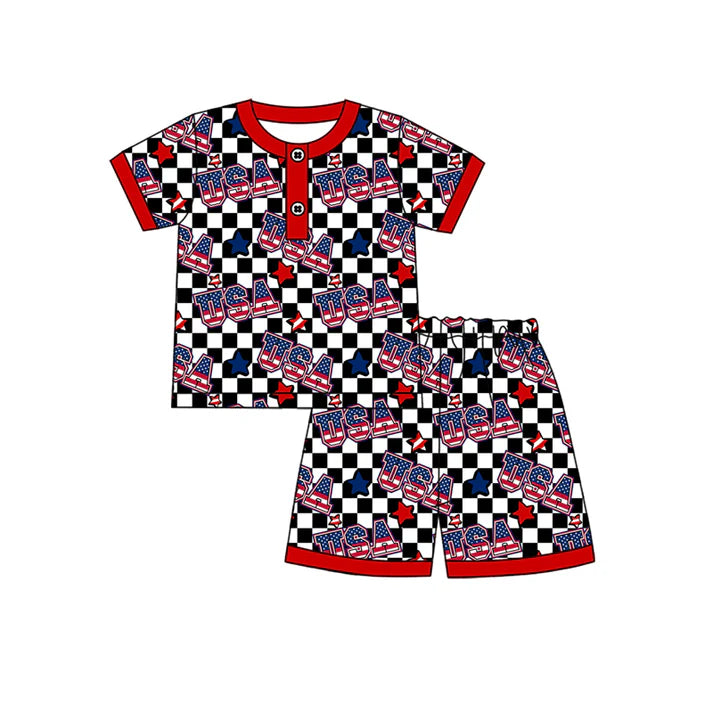 Preorder moq 5 Baby Boys Short Sleeves Black Stars USA Button Top Short 4th Of July Pajamas Set 4.23
