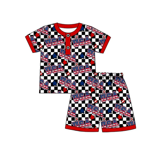 Preorder moq 5 Baby Boys Short Sleeves Black Stars USA Button Top Short 4th Of July Pajamas Set 4.23