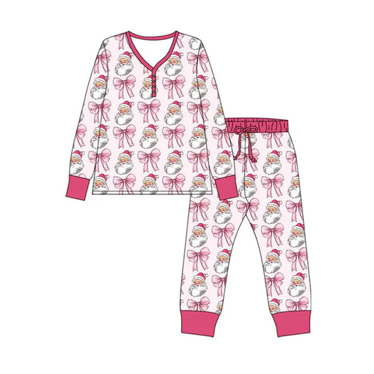 Preorder (moq 8)Baby Girls Pink Santa Bows Button Top Pants Christmas Pajamas Sets 9.18