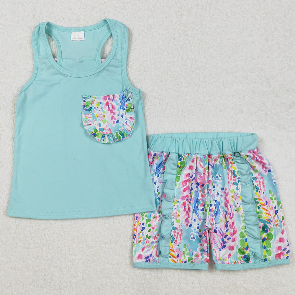 Baby Girls Clothes Aqua Pocket Bow Vest Ruffle Shorts Sets GSSO1982