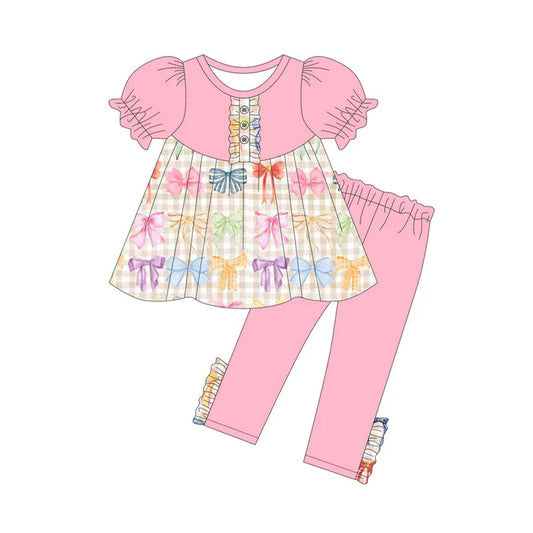 Preorder (moq 8)Baby Girls Colorful Bows Checked Button Tunic Legging Pants Clothes Sets 9.12