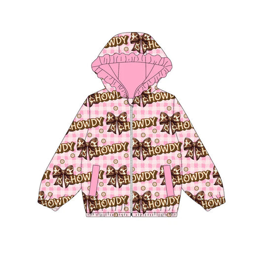 Preorder (moq 8)Baby Girls Pink Checked Bows Howdy Pockets Zipper Ruffle Hoodies Jackets Top 9.8