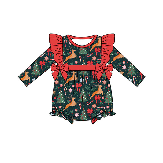 Preorder (moq 5)Baby Girls Long Sleeves Deer Candy Cane Bows Ruffle Romper 7.5