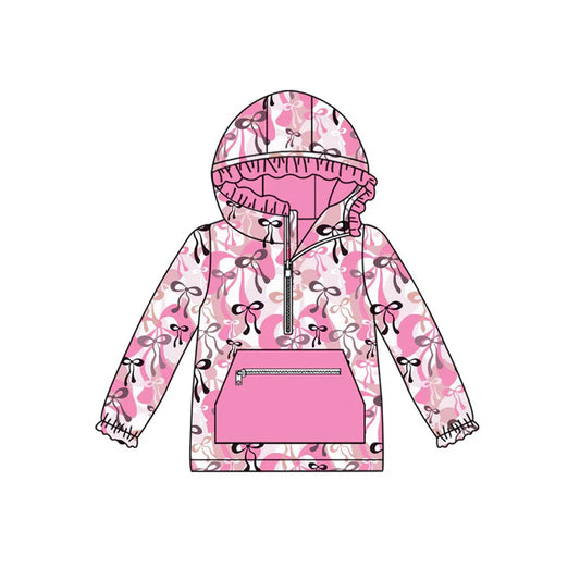 Preorder(moq 8)Baby Girls Pink Black Bows Plaid Pocket Zipper Ruffle Hoodies Top 9.25