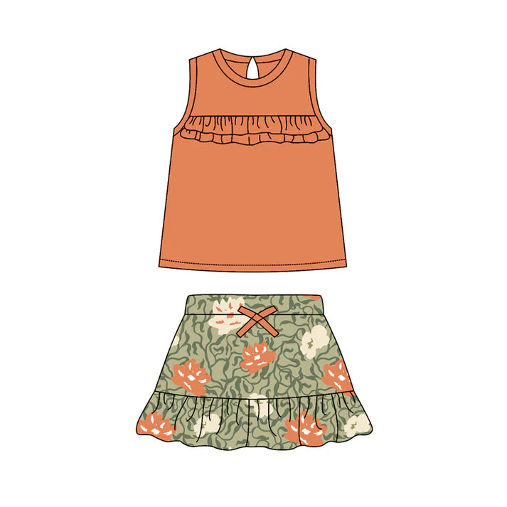 Preorder (moq 5)Baby Girls Orange Sleeves Tunic Green Ruffle Skirt Sets 5.15