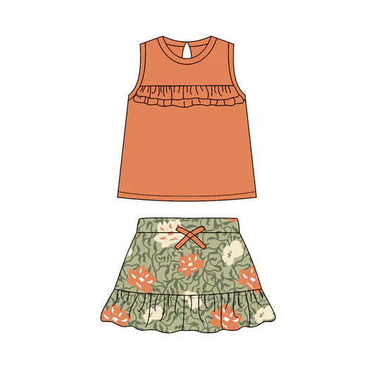 Preorder (moq 5)Baby Girls Orange Sleeves Tunic Green Ruffle Skirt Sets 5.15