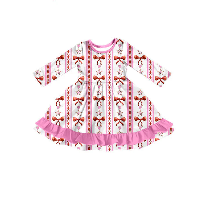 Preorder(moq 5) Baby Girls Pink Bows Hearts Stripe Valentine Ruffle Knee Length Dresses 10.17
