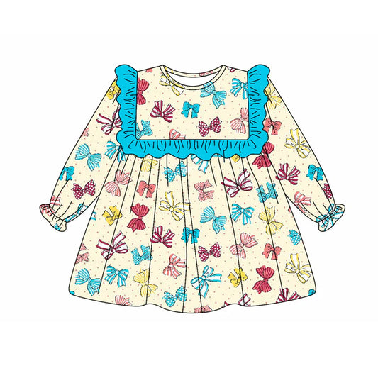 Preorder (moq 5)Baby Girls Long Ruffle Sleeves Colorful Bows Knee Length Dresses 5.20