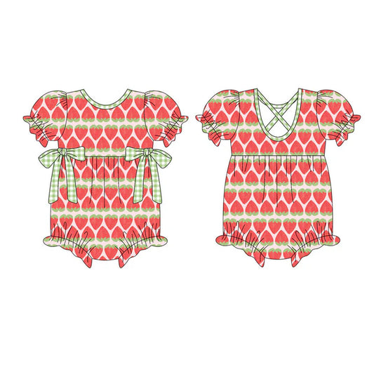 Preorder (moq 5)Baby Girls Short Ruffle Sleeve Strawberry Stripe Bows Rompers 10.16