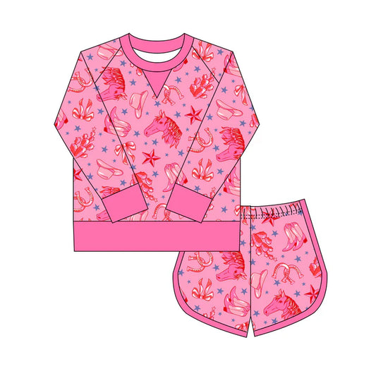 Preorder(moq 8)Baby Girls Pink Horses Boots Hats Top Shorts Western Clothes Set 10.1