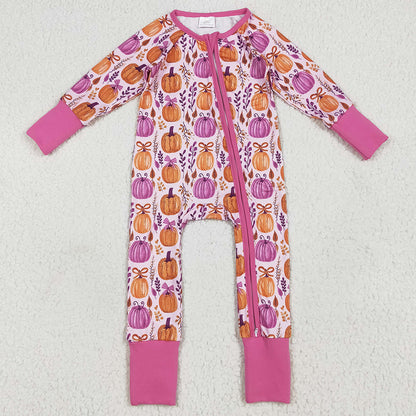 Halloween Baby Girls Rompers Pink Floral Pumpkins Footie Zipper Rompers LR2270 6.17
