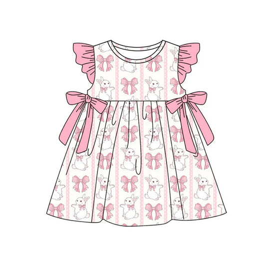 Preorder(moq 5) Baby Girls Pink Flutter Sleeve Bows Rabbits Stripe Easter Knee Length Dresses 11.18