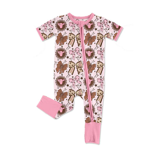 Preorder (moq 5)Baby Girls Pink Bows Highland Cows Western Two Way Zip Convertible Rompers 12.6