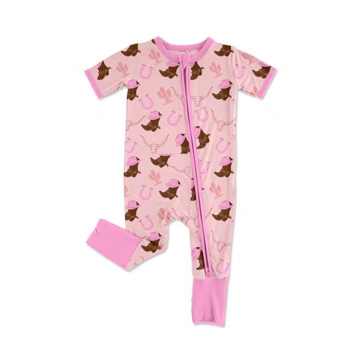 Preorder (moq 5)Baby Girls Hat Boots Bull Skulls Western Two Way Zip Convertible Rompers 11.26
