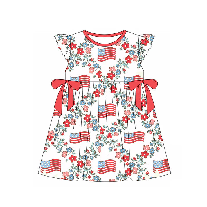 Preorder moq 5 Baby Girls Flutter Sleeves Floral Flags 4th Of July Knee Length Dresses 4.22