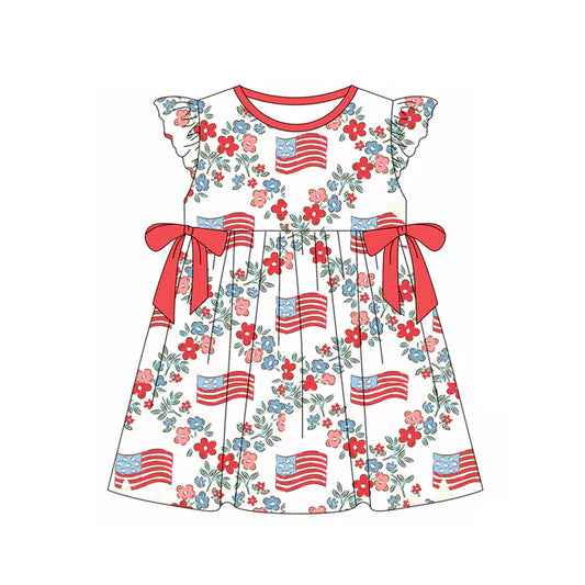Preorder moq 5 Baby Girls Flutter Sleeves Floral Flags 4th Of July Knee Length Dresses 4.22