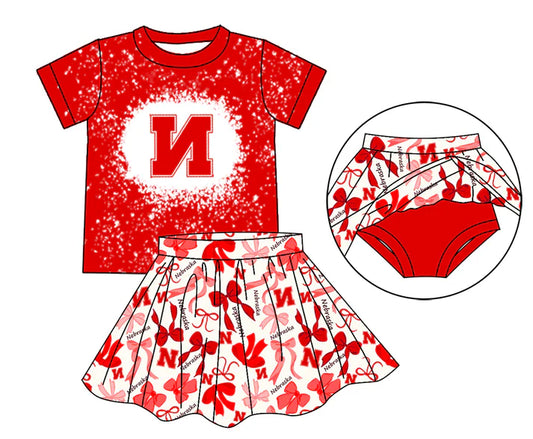 Preorder moq 5 red N bleached top bow skirt girls team outfits 8.23