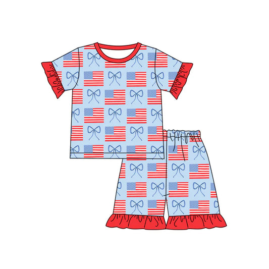 Preorder moq 5 Baby Girls Short Ruffle Sleeves Flags Bows Top Short 4th Of July Pajamas Set 4.23