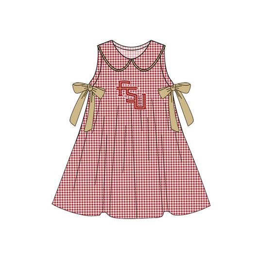 Preorder (moq 5)Baby Girls Red Plaid Sleeveless Bows FSU Team Knee Length Dresses 7.11