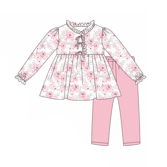 Preorder(moq 5) Baby Girls Long Ruffle Sleeves Pink Flowers Tunic Legging Pants Set 7.24
