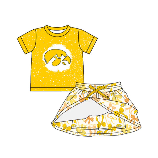 Preorder (moq 5)Baby Girls Yellow Short Sleeves Eagle Top Bows Plaid Skorts Team Set 6.16