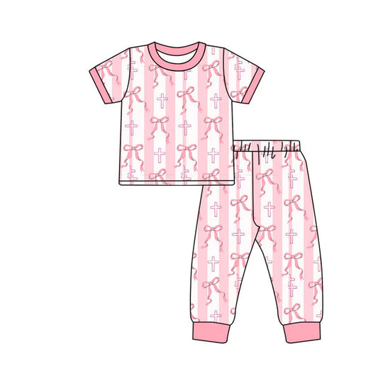 Preorder(moq 5) Baby Girls Pink Bows Cross Stripe Top Pants Easter Pajamas Sets 10.9