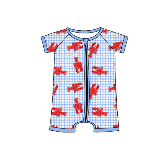 Preorder (moq 5)Baby Boys Blue Checked Short Sleeve Crayfishes Zipper Rompers 11.4