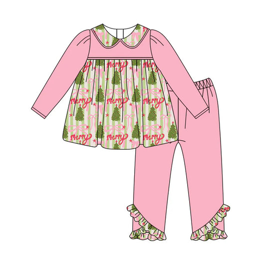 Preorder (moq 5)Baby Girls Pink Long Sleeves Trees Bows Tunic Legging Ruffle Pant Set 5.27