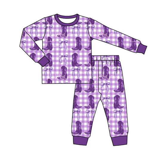 Preorder (moq 8)Baby Boys Purple Checked Boots Bows Top Pants Pajamas Sets 9.20