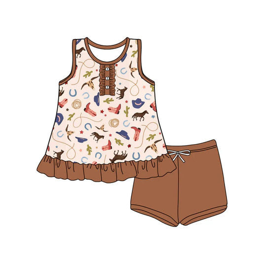 Preorder (moq 5)Baby Girls Brown Sleeveless Button Boots Cactus Tunic Short Set 4.25