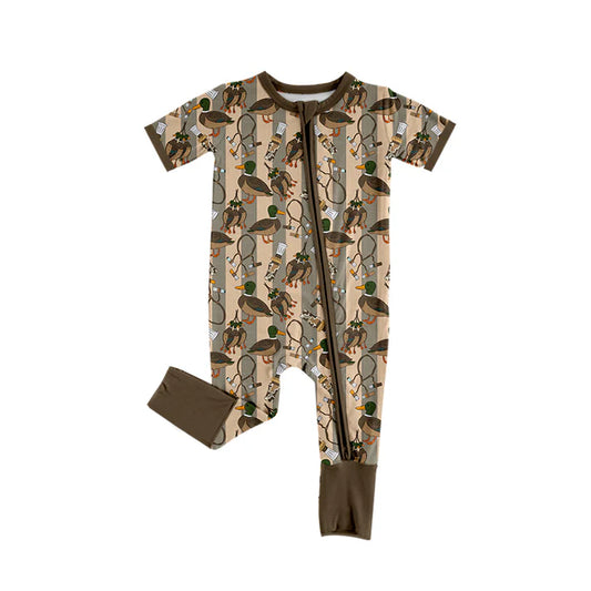 Preorder (moq 5)Baby Boys Brown Stripe Short Sleeves Ducks Calls Zipper Rompers 5.17