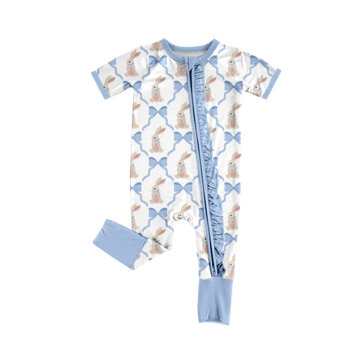 Preorder (moq 5)Baby Girls Blue Bows Rabbits Easter Two Way Ruffle Zip Convertible Rompers 12.16
