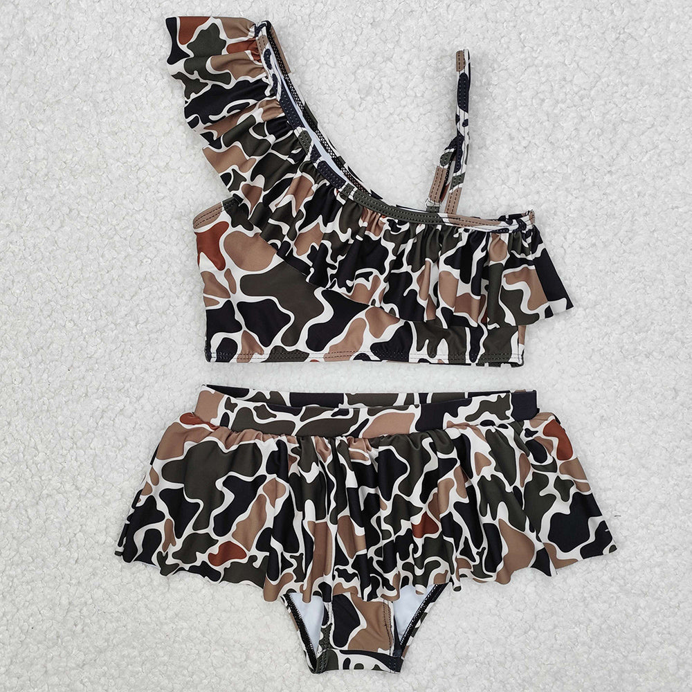 Baby Girls Swimsuits 2pcs Duck Browm Camo Ruffle Summer Swimsuits S0481