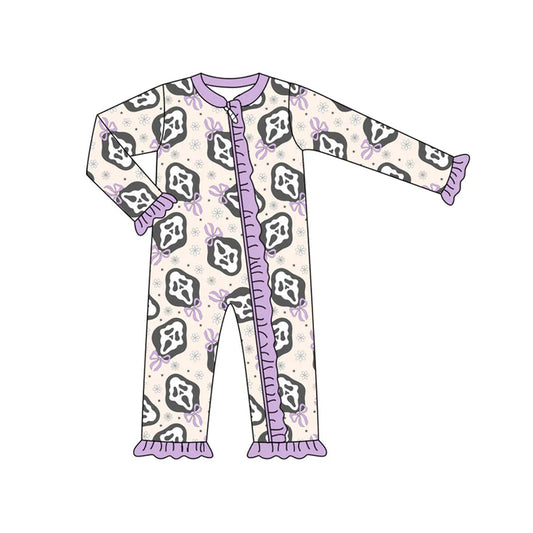 Preorder (moq 5)Baby Girls Long Sleeves Bows Ghosts Plaid Ruffle Zipper Pant Romper 7.5