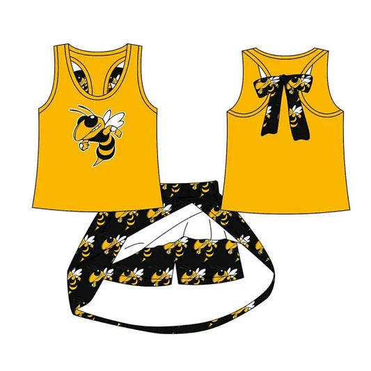Preorder (moq 5)Baby Girls Mustard Honey Bee vest team Top Skirt Skort Sets 8.12