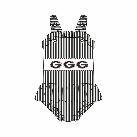 Preorder (moq 5)Baby Girls Strap Black Stripe G Tunic Bummies Team Rompers 12.29
