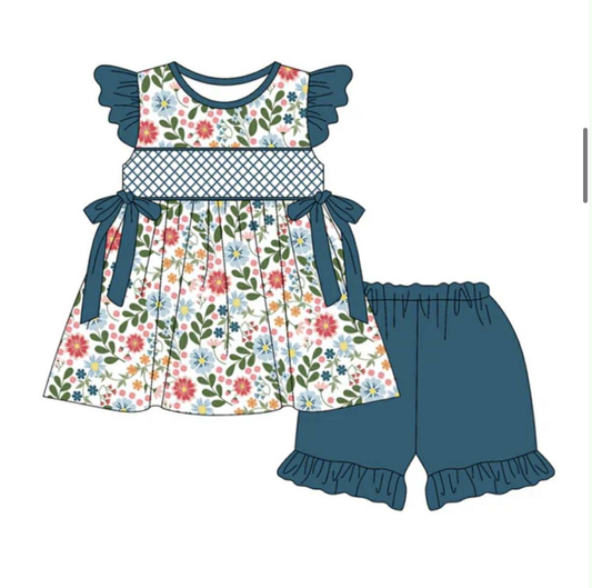 Preorder (moq 5)Baby Girls Clothes Flowers Short Sleeve Tunic Tops Shorts Clothes Sets