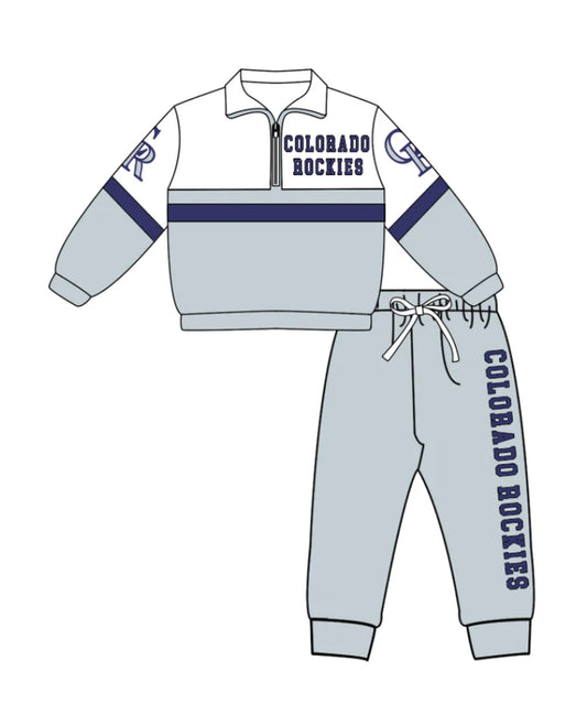 Preorder (moq 5)Baby Boys Grey Colobado Bockies Zipper Pullover Jogger Pants Team Clothes Set 1.6