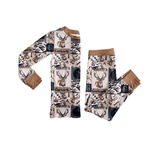Preorder (moq 5)Baby Girls Long Sleeves Khaki Deer Camo Plaid Top Pant Western Pajamas Set 7.12