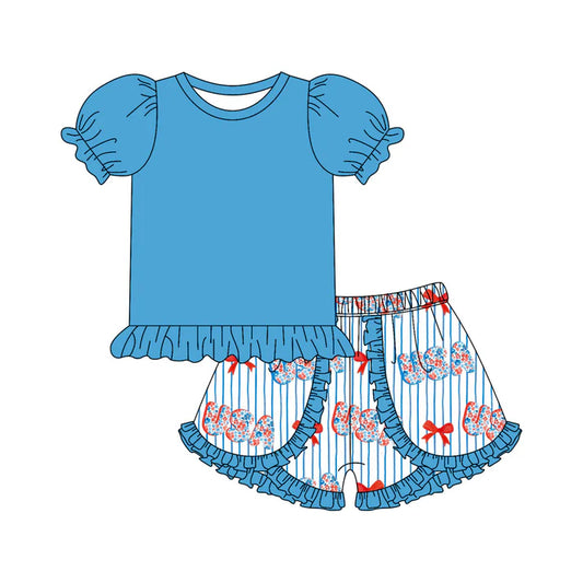 Preorder moq 5 Baby Girls Blue Short Ruffle Sleeves Top Bows USA Short 4th Of July Set 4.23