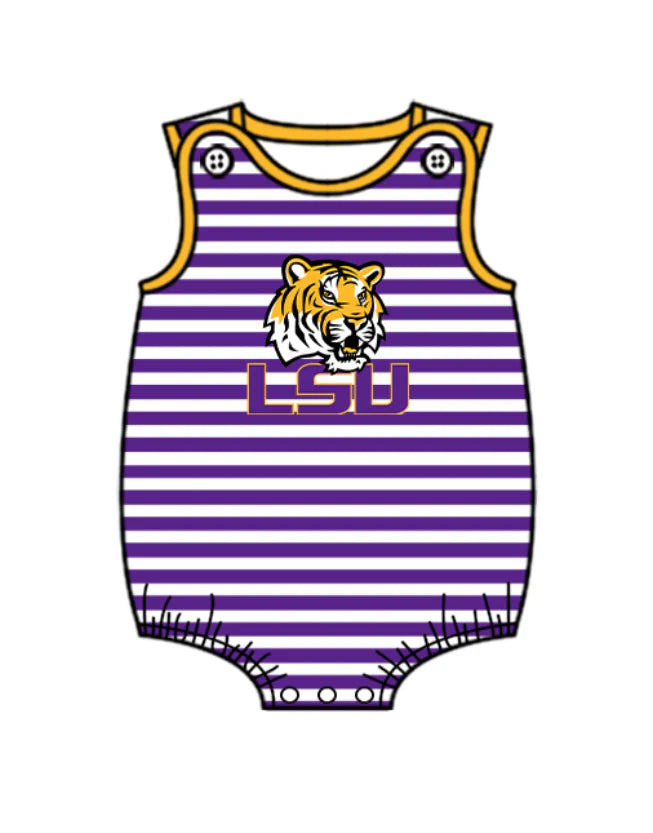 Preorder (moq 5)Baby Boys Purple Stripe LSU Tiger Team Rompers 12.24