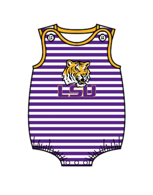 Preorder (moq 5)Baby Boys Purple Stripe LSU Tiger Team Rompers 12.24