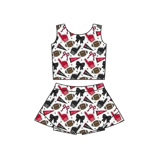 Preorder moq 5 Baby Girls Sleeveless Red Blue Football Cheer Plaid Vest Top Skorts Team Set 7.11