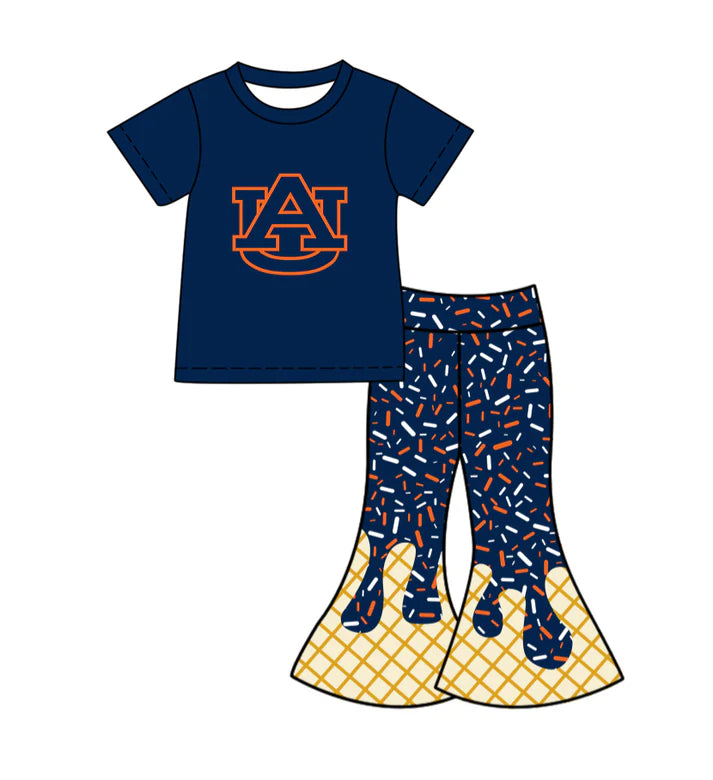 Preorder (moq 5)Baby Girls Hot Blue AU Top Drip Sprinkles Bell Bottom Pants Team Clothes Sets 11.27