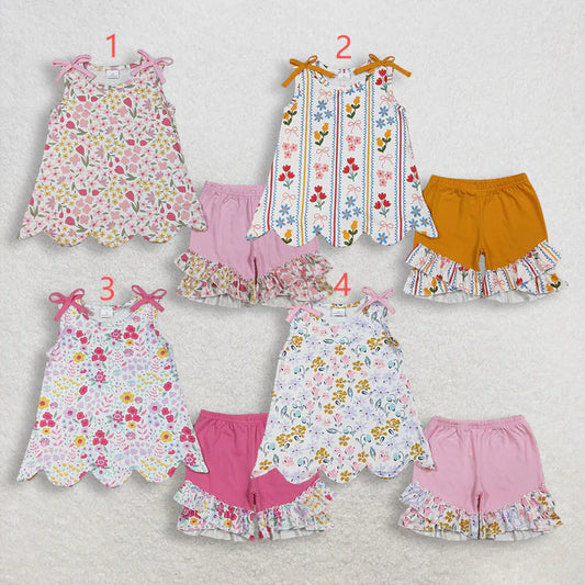 Sibling Baby Girls Colorful Flowers Scallop Tunic Ruffle Short Clothes Sets
