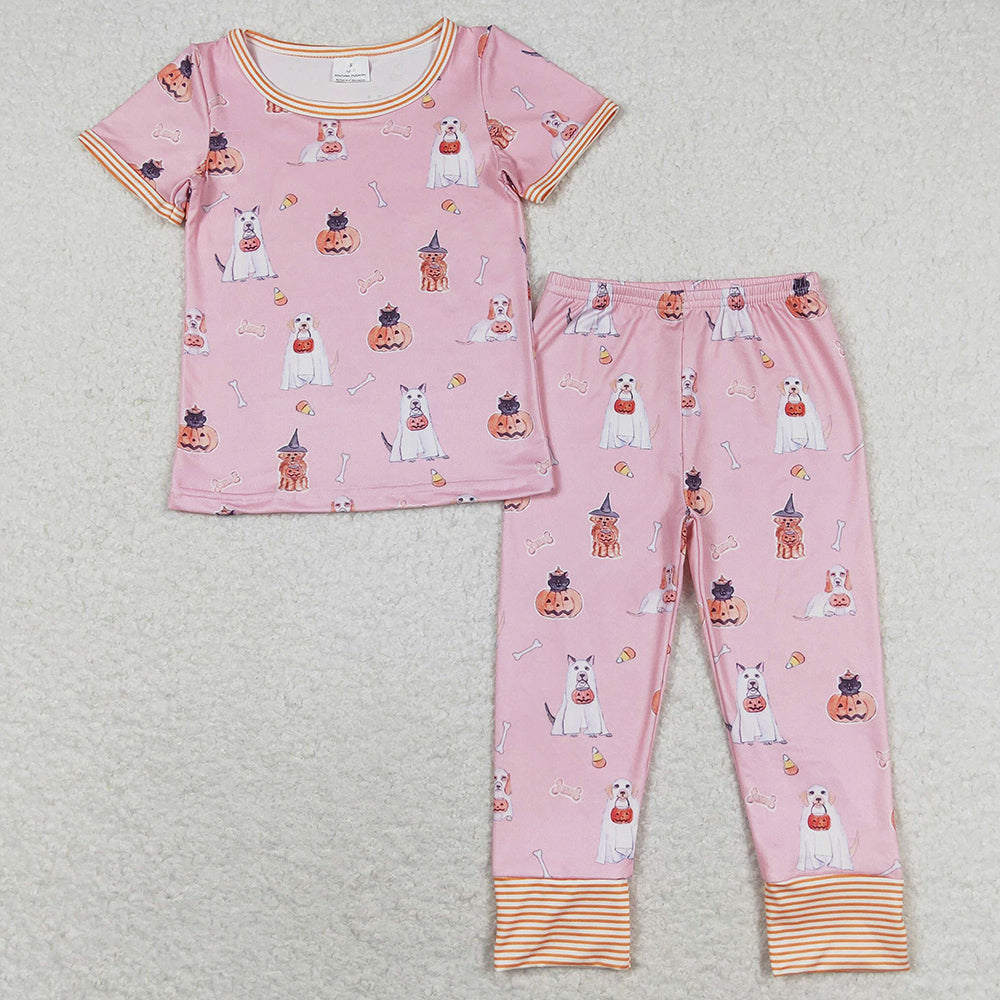 Baby Girls Pajamas Pink Halloween Dog Pumpkin Shirt Pants Pajamas Sleepwear Sets GSPO1538