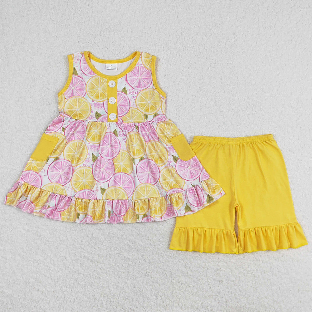 Baby Girls Clothes Lemon Pockets Tunic Tops Ruffle Shorts Sets GSSO1079