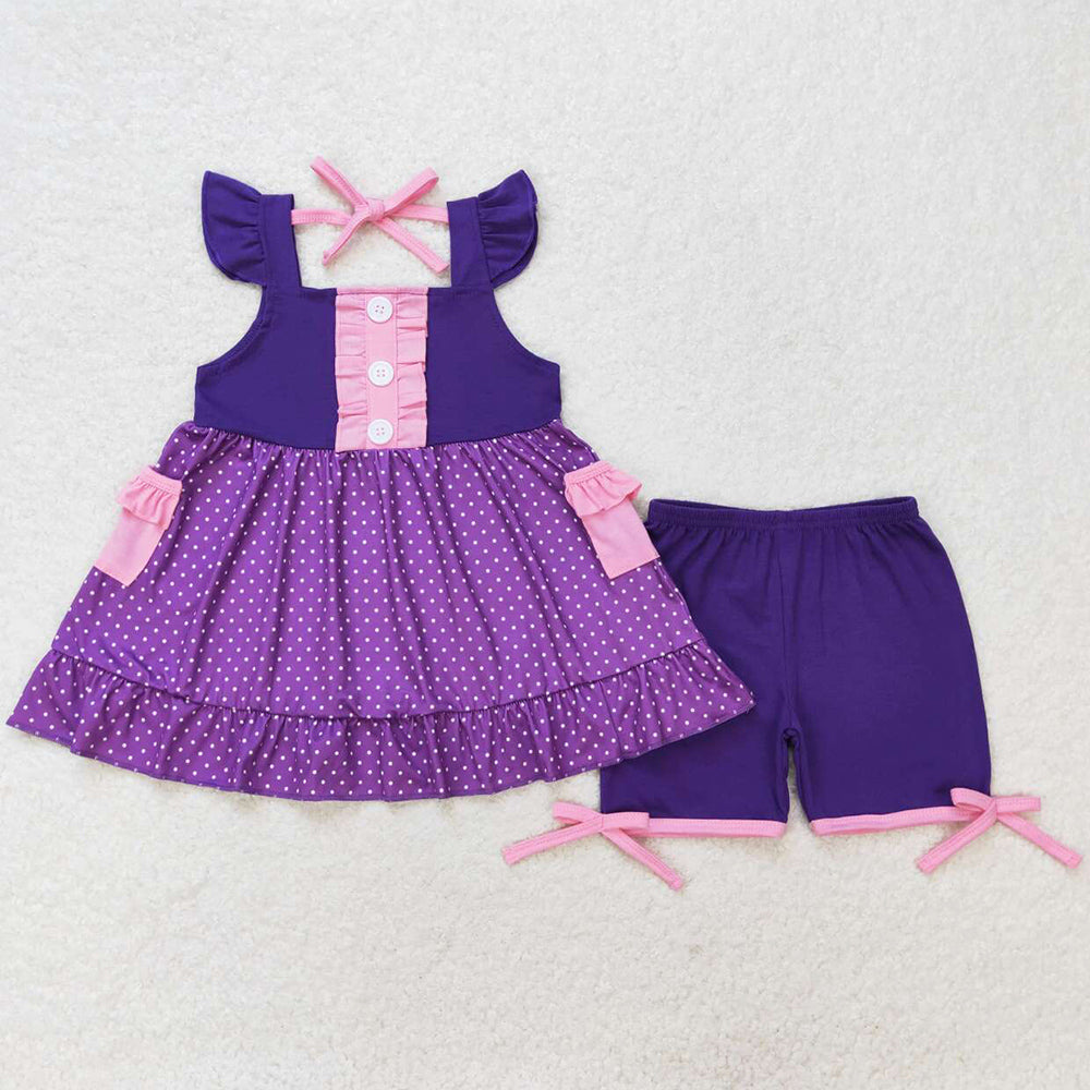 Baby Girls Clothes Purple Dots Flutter Sleeve Tunic Top Shorts Clothes Sets GSSO0965