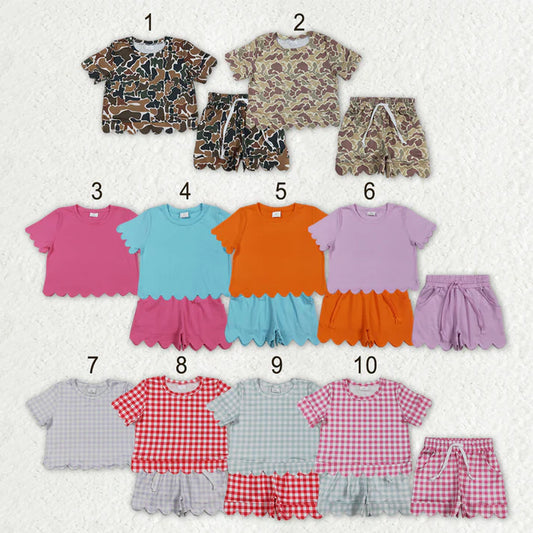 Sibling Baby Girls Short Sleeve Shirts Top Pockets Short Scallop Clothes Sets