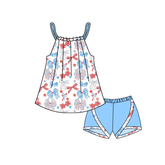 Preorder moq 5 Baby Girls Blue Strap Bows Flowers Tunic Short 4th Of July Set 4.23